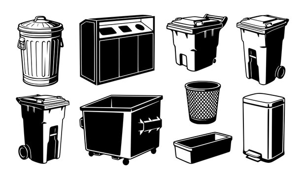 Different Trash Cans Garbage Containers and Recycling Bins Black White Vector Collection