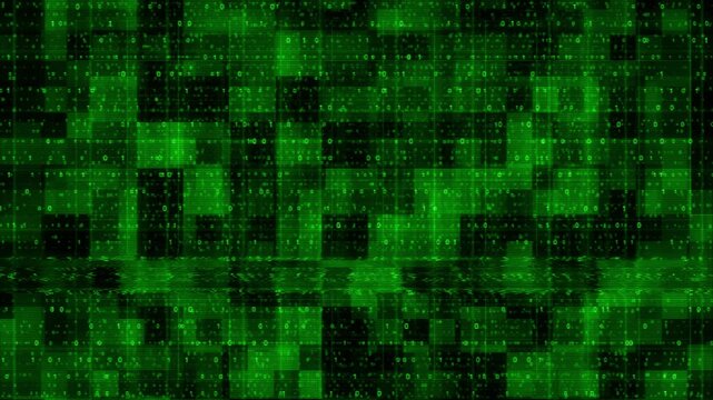 Digital green binary city visual luminous code walls, mirrored floor texture, and dark hacker style depth. for cyber defense clips, data systems, coding intros, software promos, and motion graphics.