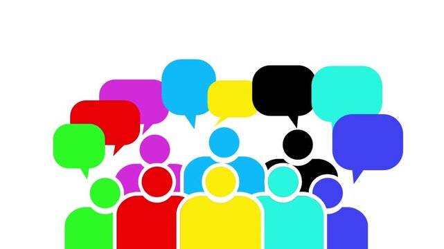 Multicolored silhouettes of people appear on a white background with speech bubbles emerging above them to represent communication and team dialogue.