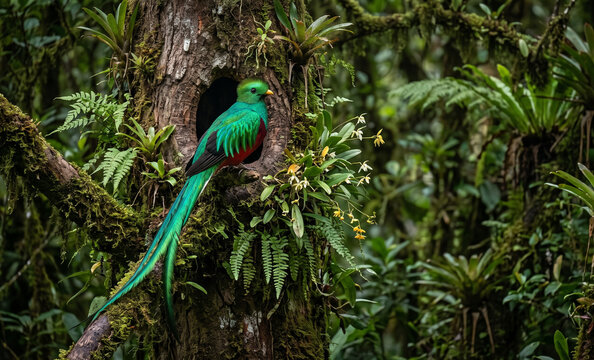  Resplendent Quetzal standing proudly on an ancient moss-covered tree trunk surrounded by orchids.