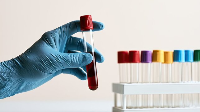 Hand holding a test tube with dark red liquid next to a test tube rack with empty vials and colored stoppers in a clean studio setting