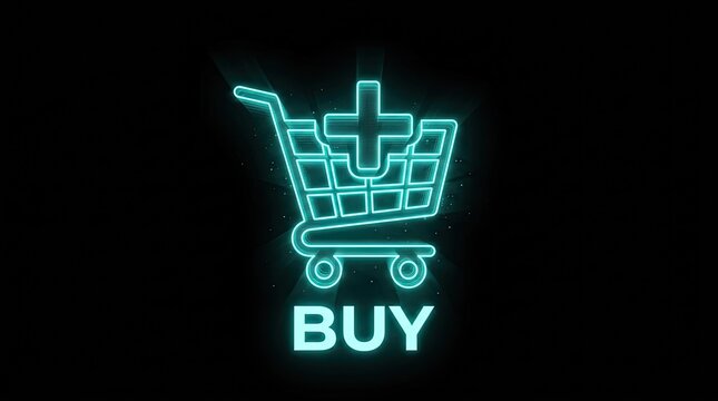 Glowing neon shopping cart icon with add to cart plus sign and buy button.