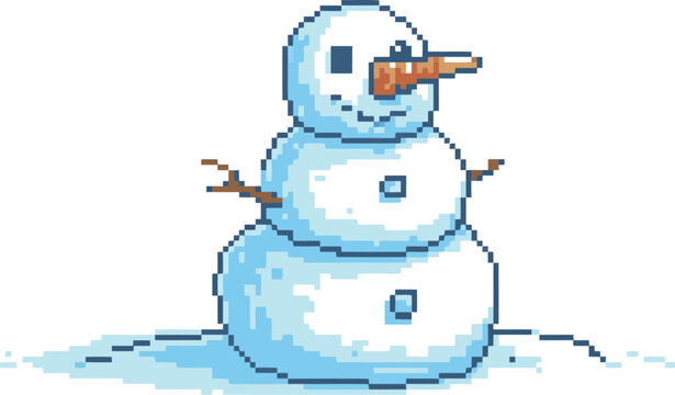Pixel of a smiling snowman with a carrot nose and stick arms on a white background 