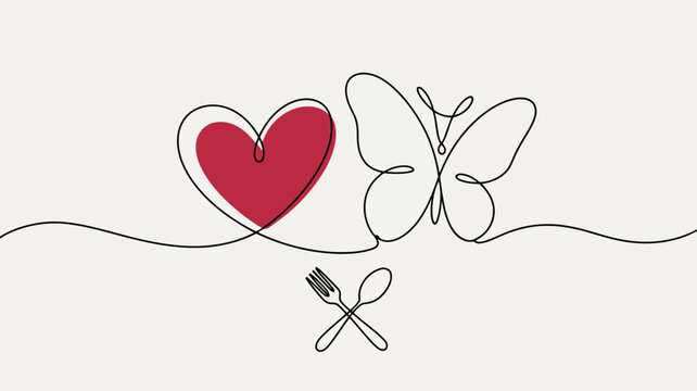 Red Heart Butterfly and Crossed Fork Spoon on Light Background 