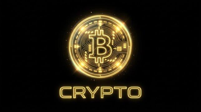 Golden Bitcoin crypto coin and glowing text on a black background.
