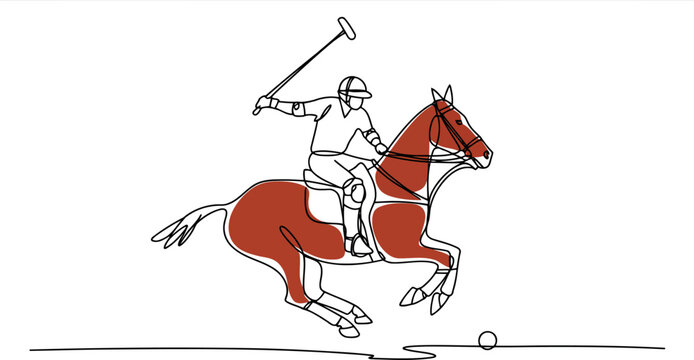 Single line of a polo player on a fast-moving horse with mallet raised and a ball nearby