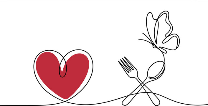 Single line of a red heart next to a butterfly on a fork and spoon love 