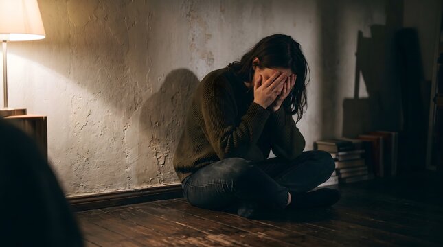 Distressed woman sitting on floor. Sad female covering face in dark room.