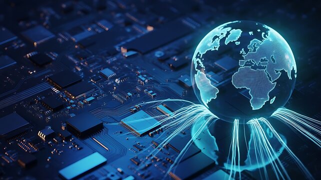 Glowing glass globe connected by light fibers to a dark computer motherboard representing global digital network communication and data transfer