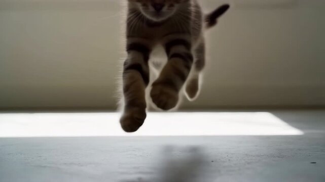 Tabby kitten walking and hopping toward camera across sunlit indoor floor, rim lit from side, low viewpoint, soft shadows, warm home setting, playful curiosity visible