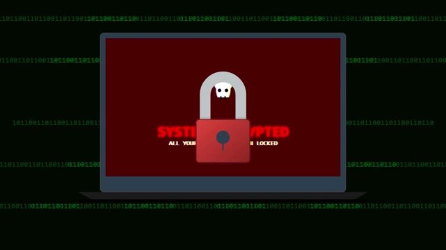 Cybersecurity incident illustration a laptop screen displays a critical 'SYSTEM ENCRYPTED' warning with a prominent red padlock icon, symbolizing a ransomware attack and data breach