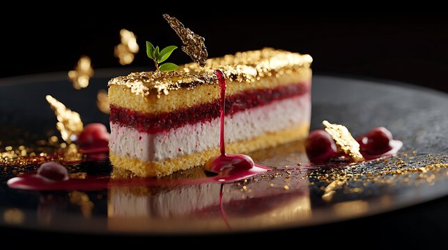 Luxury G&eacute;noise plated with berry coulis and gold leaf accents, fine dining presentation