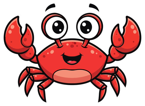 A happy red crab cartoon character with big eyes waving its claws isolated on a white background