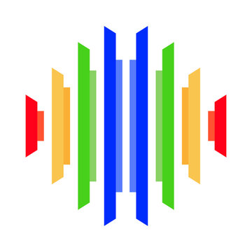 Abstract symmetrical design with colorful vertical bars arranged in a radial pattern on a clean white background