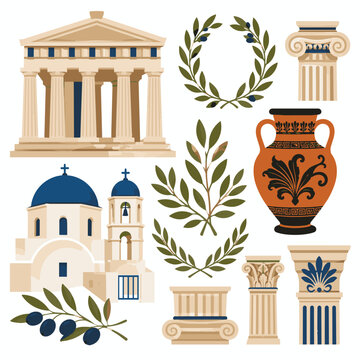 Greece Travel Landmarks and Ancient Architecture Flat Vector Illustration