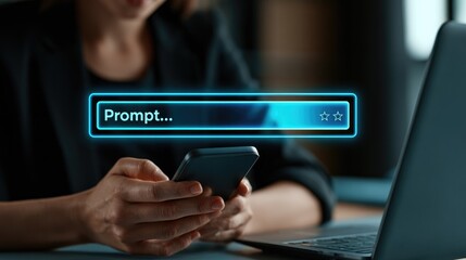 Fototapeta premium Person Using Smartphone with Digital Prompt Interface Overlay.