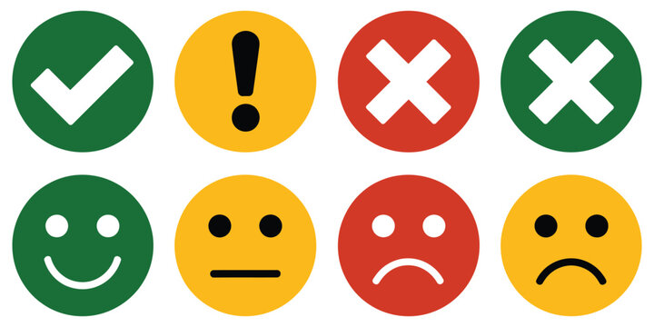 Round feedback icons featuring colorful check marks, cross symbols, alert signs, and emoticon buttons in flat style, vector, designs