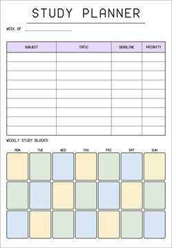 Study planner page template. Printable student timetable with subject, topic, deadline and priority columns plus a weekly time block grid. Blank school planning sheet for daily study