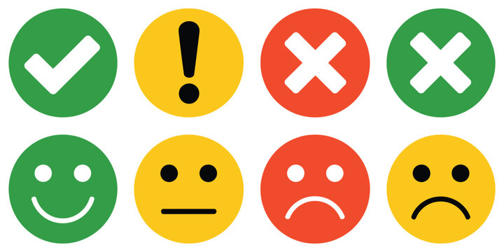 Round feedback icons showcasing approval marks, error indicators, alert symbols, and customer reaction emoticons