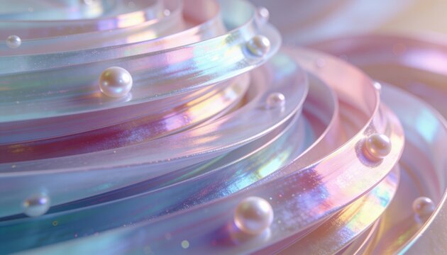 Shimmering iridescent ribbons reflecting pastel light on macro tabletop with pearl beads