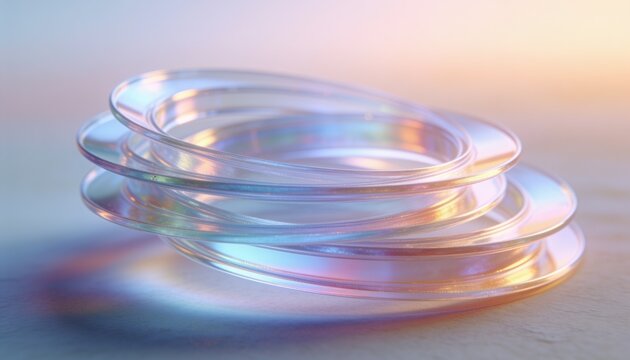 Showing 4 stacked clear rings on tabletop, iridescent hues, specular highlights, gradient backdrop