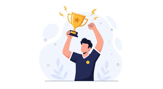 Triumphant Winner Holding Golden Trophy, Celebrating Victory with Fist Pump and Lightning Bolts - Modern Flat Illustration