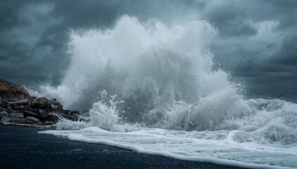 Naklejka premium Crashing towering ocean wave throwing spray and foam onto dark rocky shore at coast, stormy sky