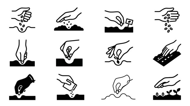 Gardening Seed Planting Icons: Hand Sowing Seeds into Soil, Growing Plants Cycle