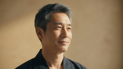 Obraz premium Smiling Mature Asian Man Portrait in Warm Golden Studio Light