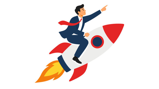 Confident businessman riding a red and white rocket with blazing flames, pointing toward the sky, bold flat vector illustration of startup launch, rapid growth, ambition, success, and innovation