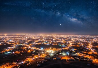 Fototapeta premium Aerial view of a vast sprawling city at night illuminated by countless lights with the Milky Way galaxy overhead