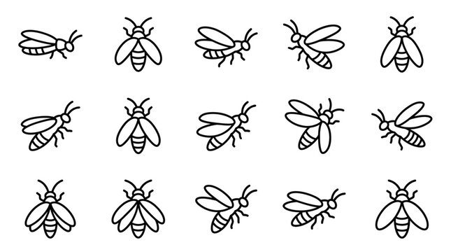 Collection of stylized insect icons, simple outline drawings of bees and fireflies on white background