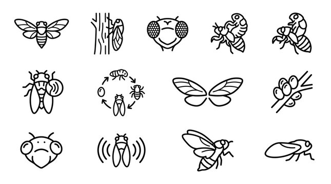 Cicada Life Cycle And Anatomy Icons: Insect Stages, Head, Wings, Eggs, Molting