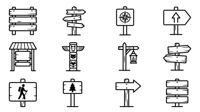 Set of various direction signs and navigation symbols on white background, line art icons