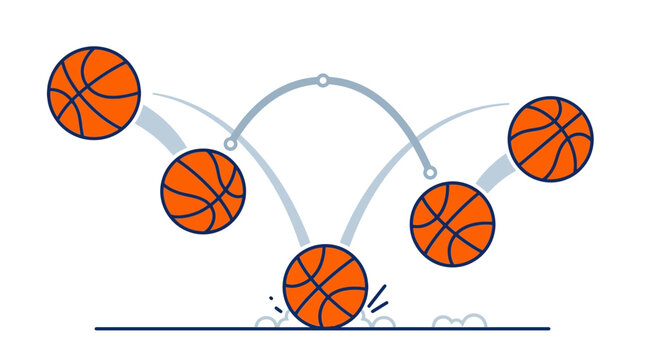 Dynamic Basketball Motion flat illustration showing bouncing trajectory on white background ideal for sports coaching apps and athletic physics education.