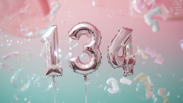 Floating three metallic foil balloons shaped 134 in studio, tethered by thin strings with confetti