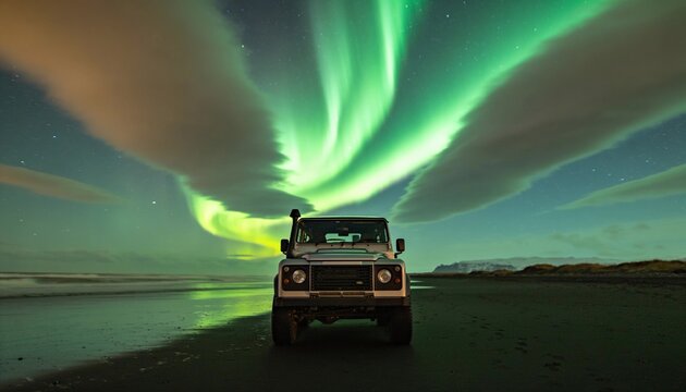 Parked white boxy off-road SUV glowing beneath aurora borealis on wet sandy beach, snorkel visible