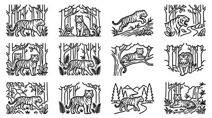 Wild Tiger Forest Scenes Line Art Set - Majestic Big Cat Illustrations © Jembot