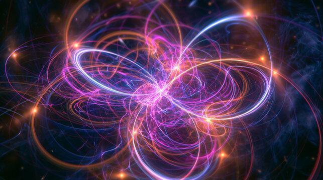Chaotic burst of pink purple and orange energy loops radiating from bright core