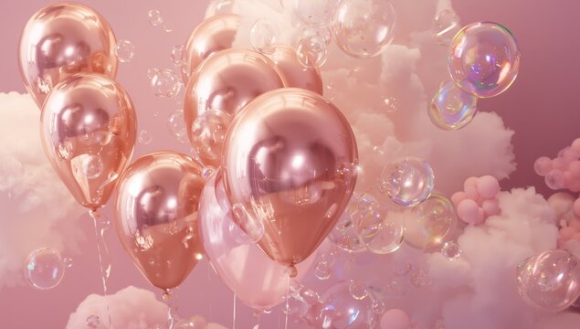 Floating cluster of shiny rose-gold balloons drifting in pastel studio set, with rainbow bubbles