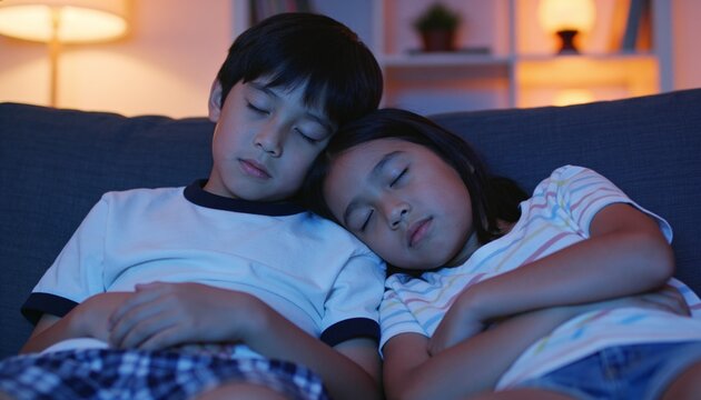 Sleeping siblings cuddling heads on dark gray sofa at night, wearing t-shirts and shorts