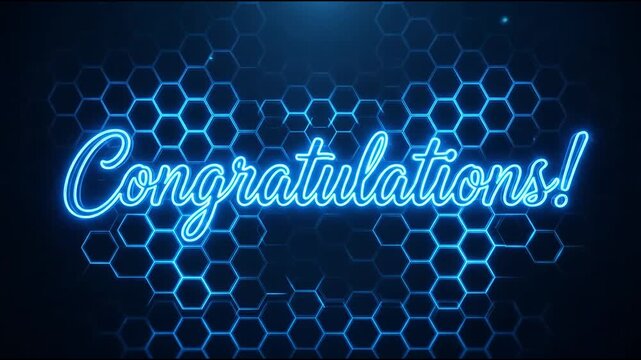 Blue neon congratulations script on digital hexagonal background.