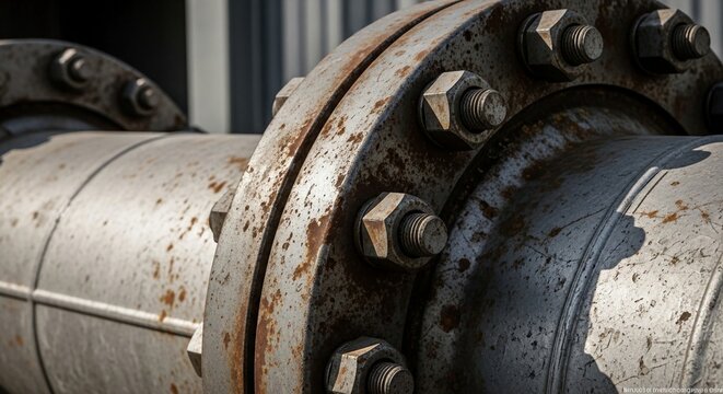 Close-up view of weathered pipeline flanges secured with numerous bolts and nuts, showing signs of industrial wear and corrosion