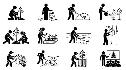 Obraz premium Gardening and Ecology Icons: Planting, Watering, Cleaning, Birdhouse, Education