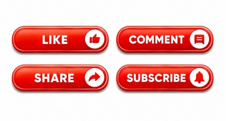 Fototapeta premium Red social media action buttons with icons for like, comment, share, and subscribe