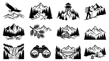 Obraz premium Mountain Adventure Icons: Eagle, Hiker, Cabin, Waterfall, Binoculars, Tent