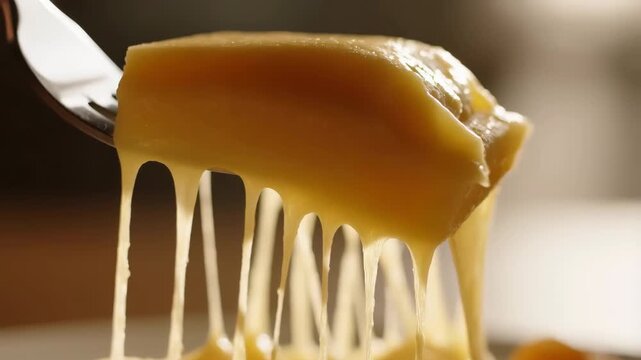Fork lifting melted cheese with long elastic strands, warm golden light, glossy texture, creamy pull, rich food detail, closeup view, appetizing dining scene, with cheese, melted, fork, stretch detail