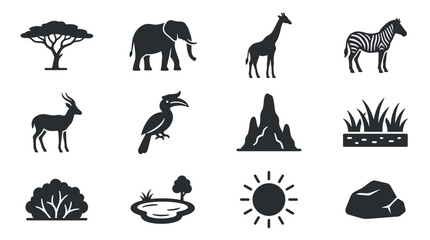 African Safari Icons: Elephant, Giraffe, Zebra, Acaciatree, Wildlife Set © jual