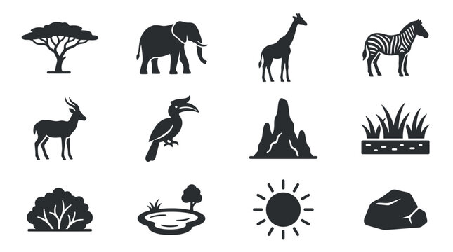 African Safari Icons: Elephant, Giraffe, Zebra, Acaciatree, Wildlife Set