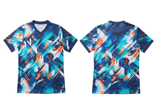 Front and back view of a short sleeve sports jersey with abstract blue, teal, white, and orange geometric pattern